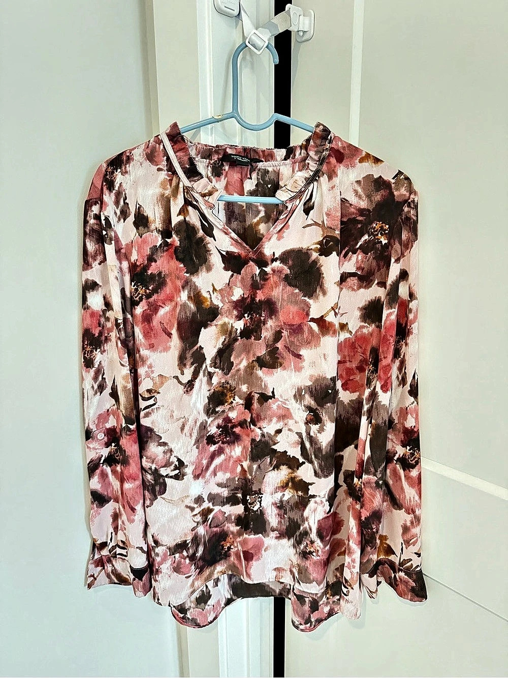 Simply Vera Wang Floral Long Sleeve Blouse in Pink & Brown XL